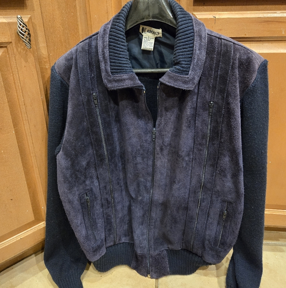 Vintage Men's Karolls Navy Split Leather Sweater Jacket Size M